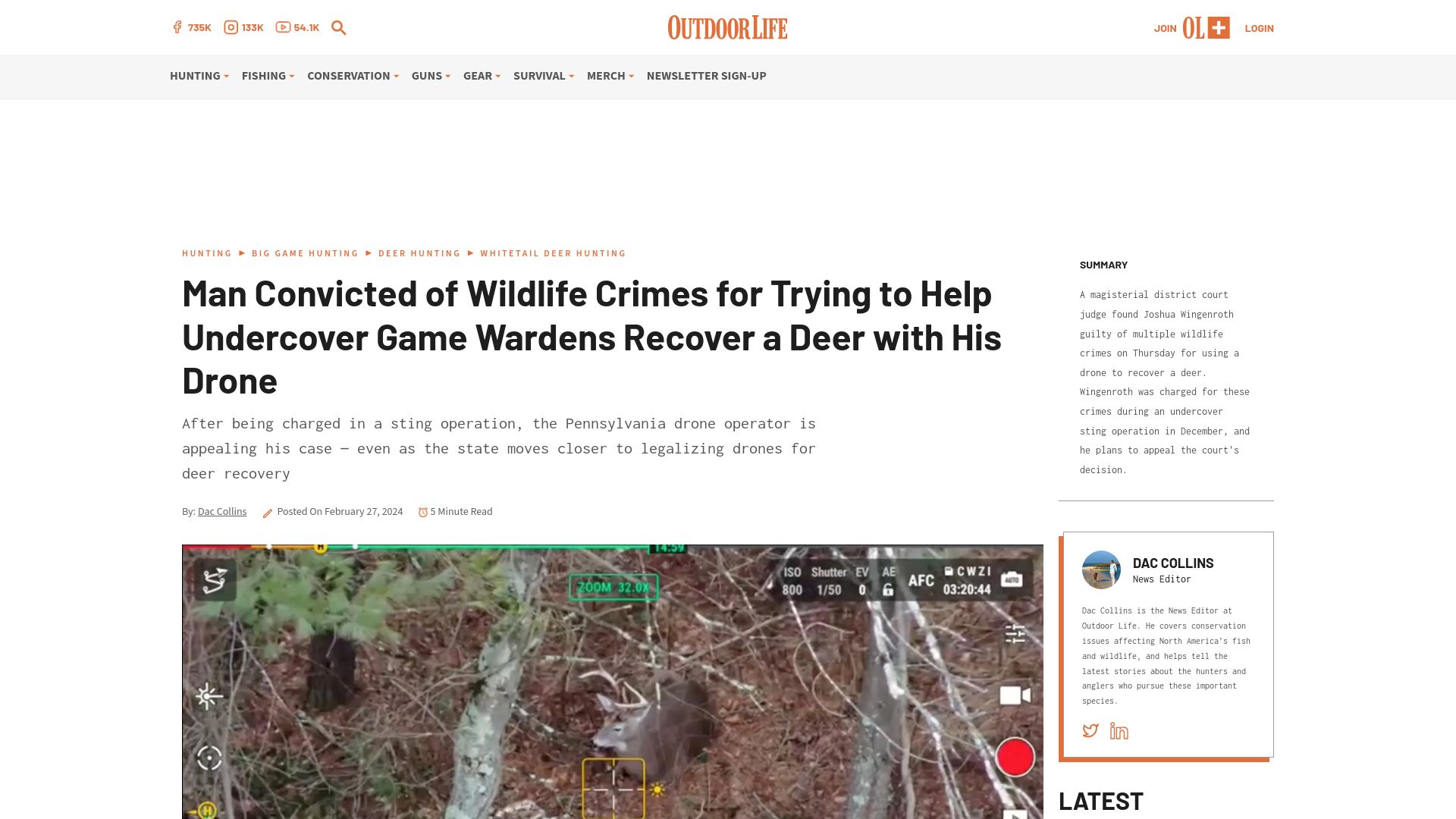 Screenshot of outdoorlife.com: Man convicted for trying to help undercover game wardens recover deer with drone