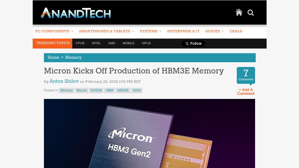 Screenshot of anandtech.com: Micron Kicks Off Production of HBM3E Memory