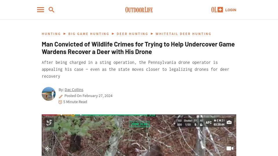 Screenshot of outdoorlife.com: Man convicted for trying to help undercover game wardens recover deer with drone