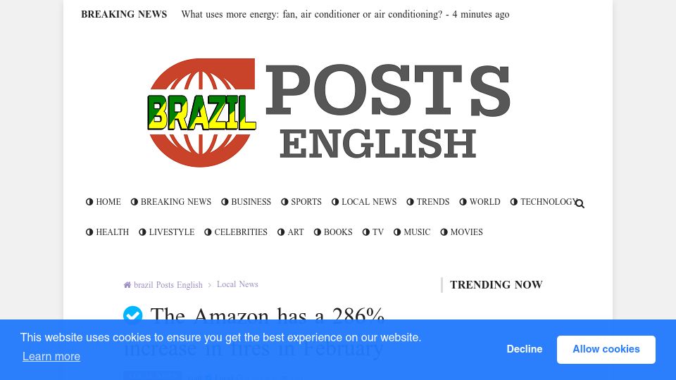 Screenshot of brazil.postsen.com: The Amazon forest has an almost 3x year-on-year increase in fires in February