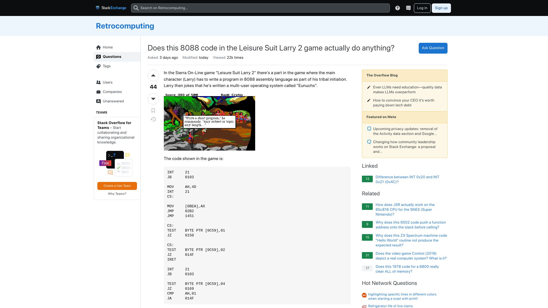 Screenshot of retrocomputing.stackexchange.com: Does this 8088 code in the Leisure Suit Larry 2 game do anything?
