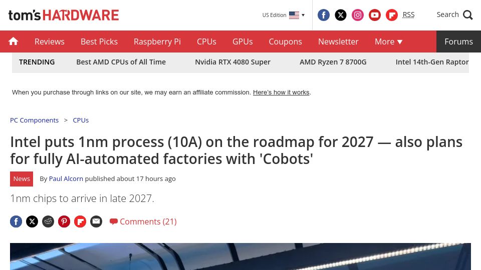 Screenshot of tomshardware.com: Intel puts 1nm process (10A) on the roadmap for 2027