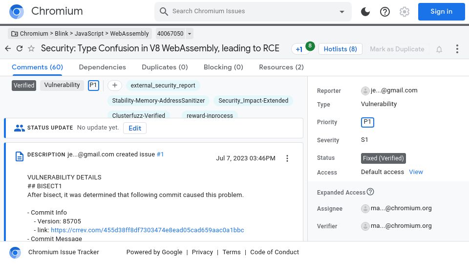 Screenshot of issues.chromium.org: Type Confusion in V8 WebAssembly, Leading to RCE