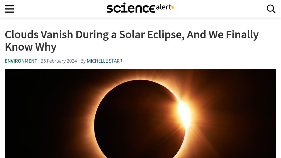 Screenshot of sciencealert.com: Clouds vanish during a solar eclipse