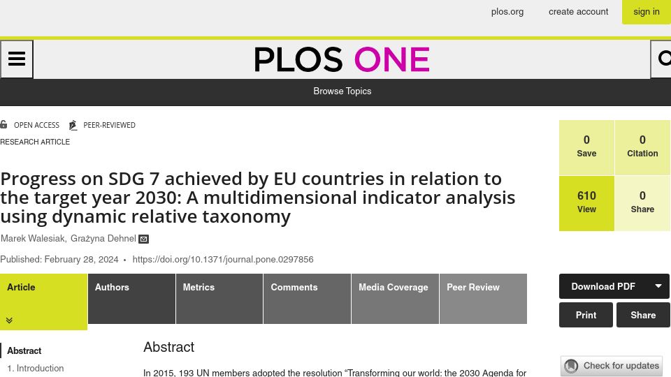 Screenshot of journals.plos.org: EU countries already hitting some of their sustainable energy targets for 2030
