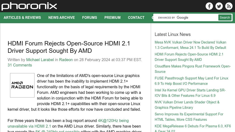 Screenshot of phoronix.com: HDMI Forum Rejects Open-Source HDMI 2.1 Driver Support Sought by AMD