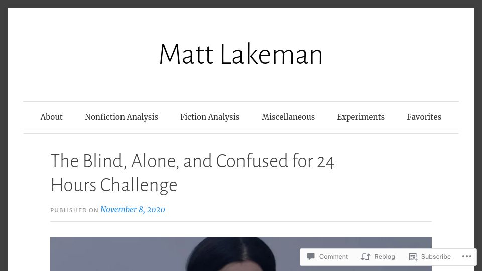 Screenshot of mattlakeman.org: Blind, Alone, and Confused for 24 Hours Challenge (2020)