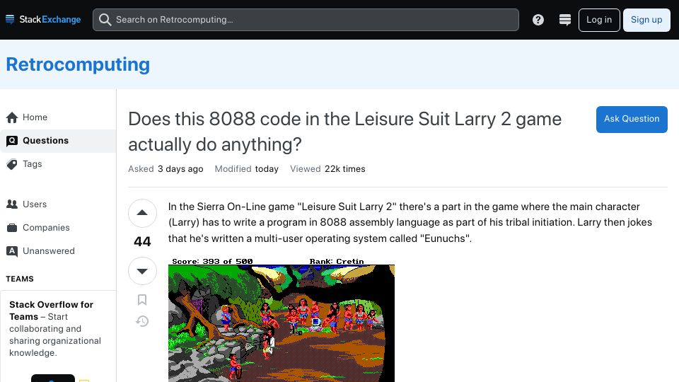 Screenshot of retrocomputing.stackexchange.com: Does this 8088 code in the Leisure Suit Larry 2 game do anything?
