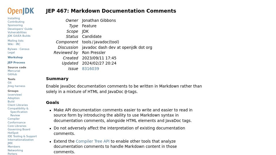 Screenshot of openjdk.org: JEP 467: Markdown Documentation Comments