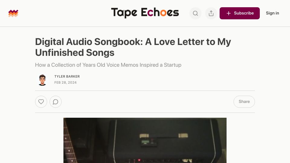 Screenshot of echoes.prototape.fm: Digital Audio Songbook: A Love Letter to My Unfinished Songs