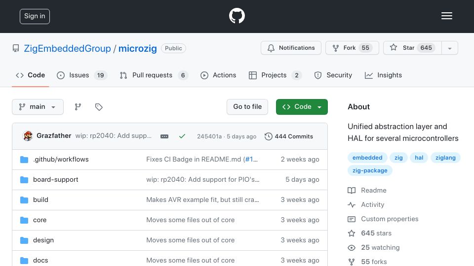 Screenshot of github.com: MicroZig: Unified abstraction layer and HAL for Zig on several microcontrollers