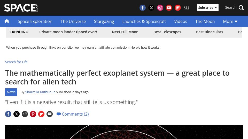 Screenshot of space.com: 'Mathematically perfect' star system being investigated for potential alien tech