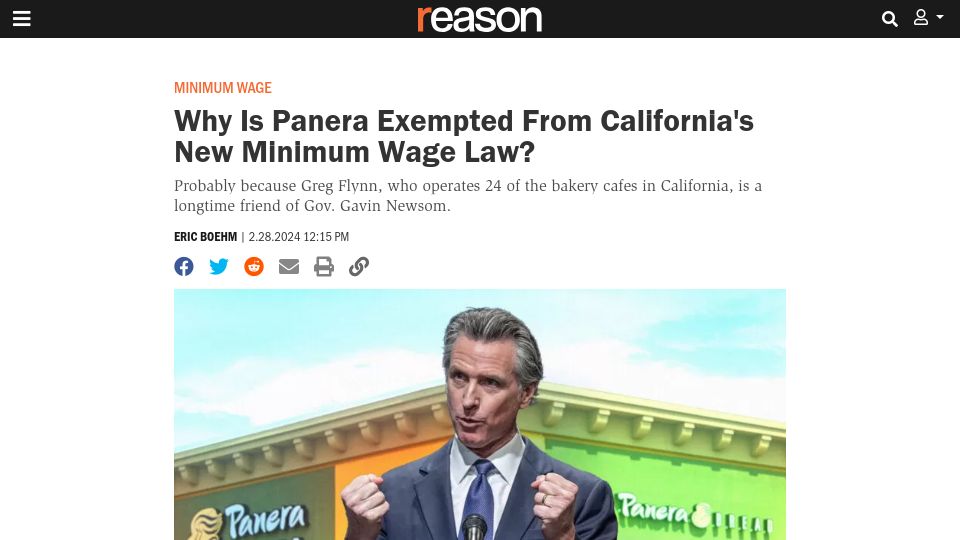 Screenshot of reason.com: Why Is Panera Exempted from California's New Minimum Wage Law?