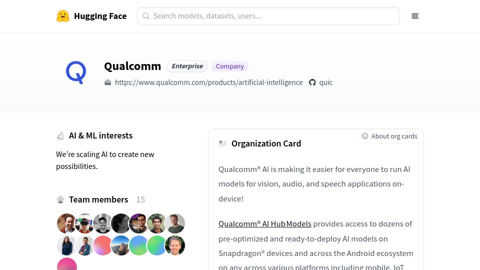 Screenshot of huggingface.co: More than 80 AI models from Qualcomm