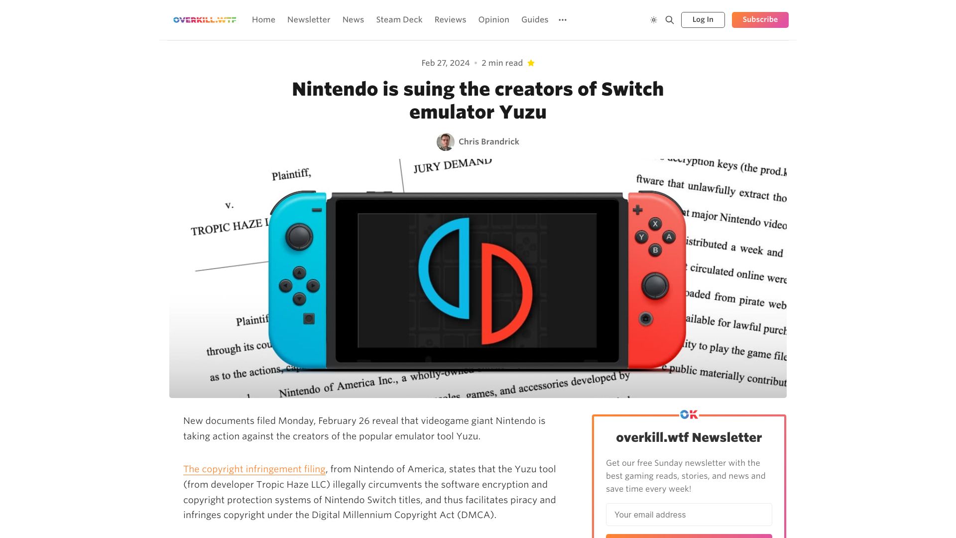 Screenshot of overkill.wtf: Nintendo is suing the creators of Switch emulator Yuzu