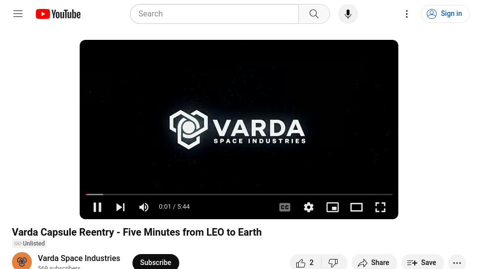 Screenshot of youtube.com: Varda Capsule Reentry – Five Minutes from LEO to Earth [video]