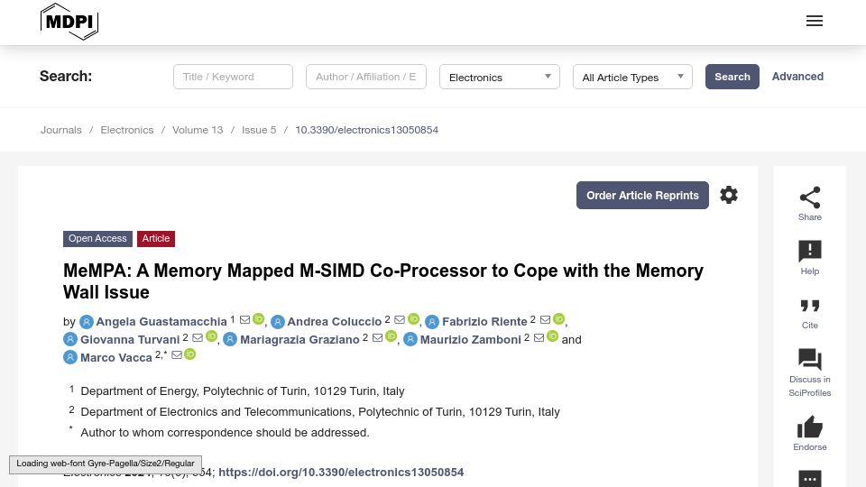 Screenshot of mdpi.com: MeMPA: A Memory Mapped M-SIMD Co-Processor to Cope with the Memory Wall Issue