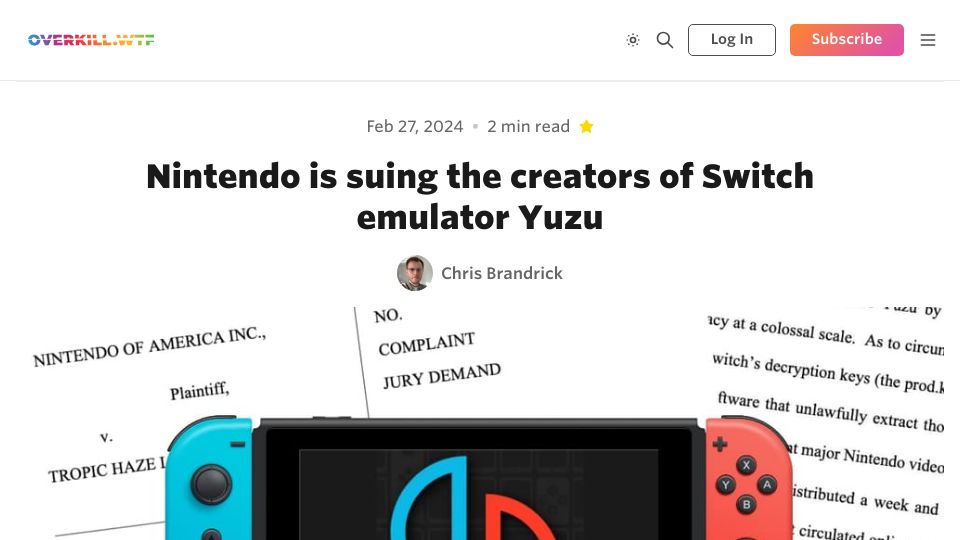 Screenshot of overkill.wtf: Nintendo is suing the creators of Switch emulator Yuzu