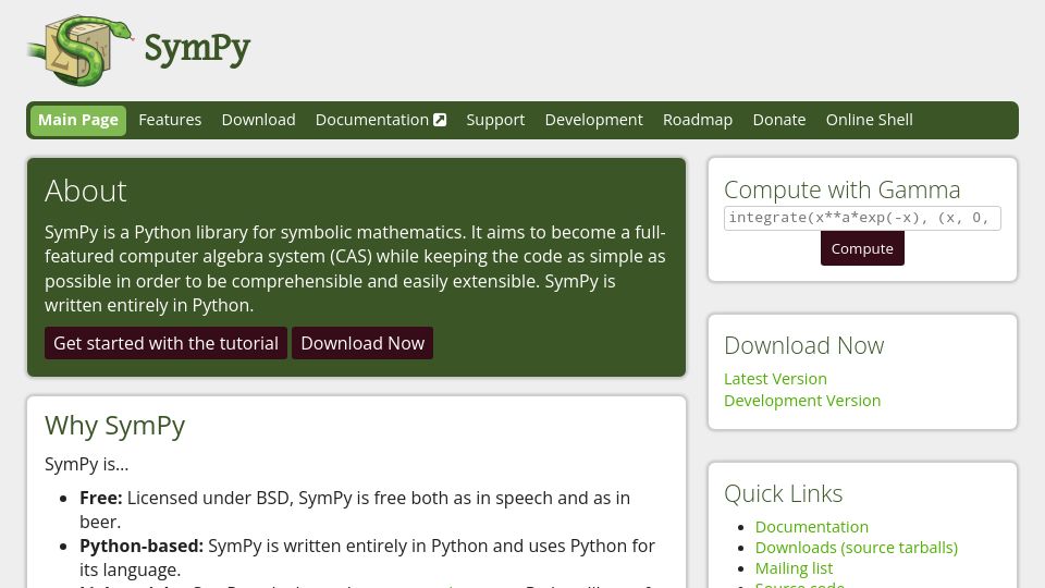 Screenshot of sympy.org: SymPy: Symbolic Mathematics in Python