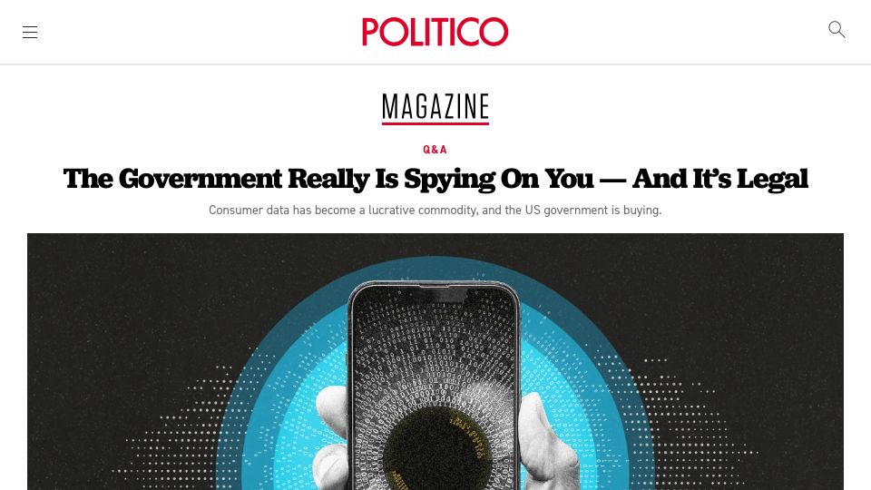 Screenshot of politico.com: US Government Buying Legally Available Consumer Data on US Citizens