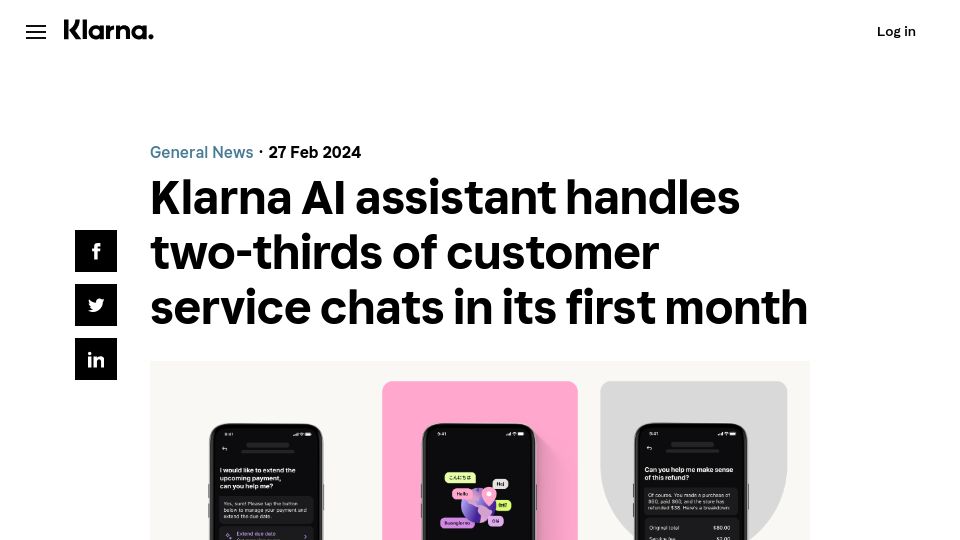Screenshot of klarna.com: Klarna AI assistant handles two-thirds of customer service chats in first month