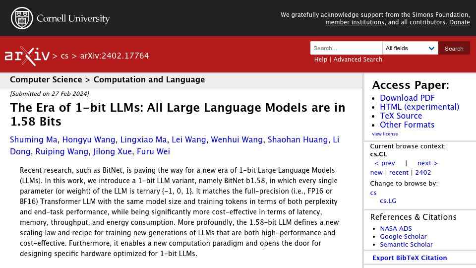 Screenshot of arxiv.org: The Era of 1-bit LLMs: ternary parameters for cost-effective computing