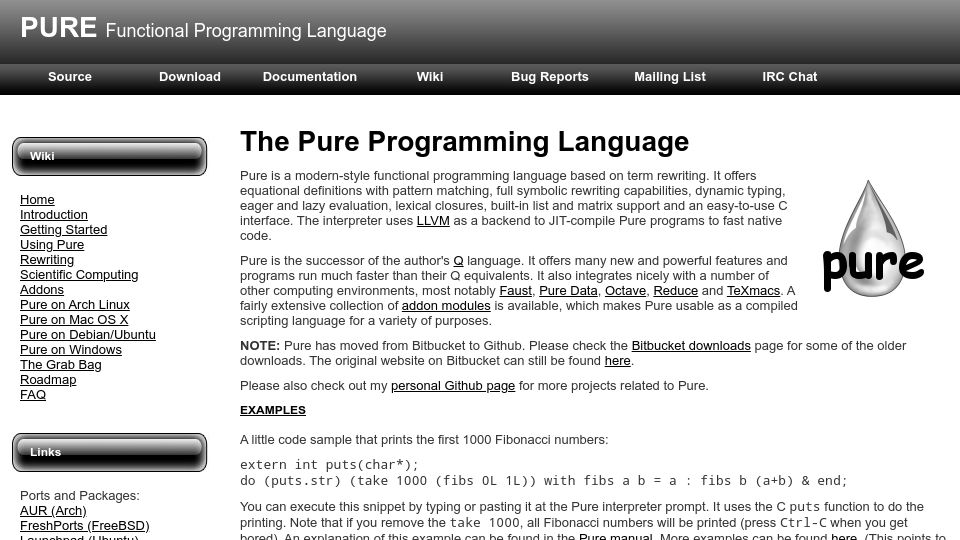 Screenshot of agraef.github.io: Pure Programming Language