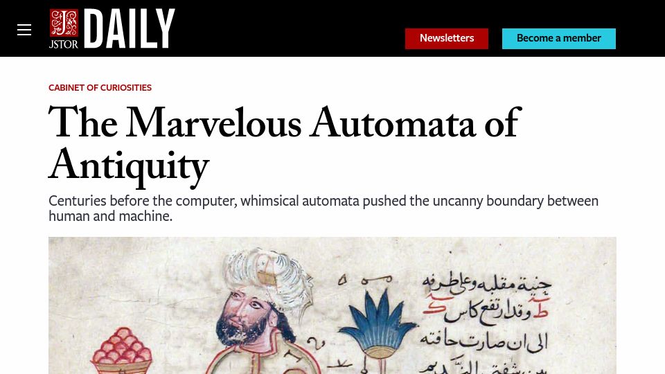 Screenshot of daily.jstor.org: The Marvelous Automata of Antiquity (2018)