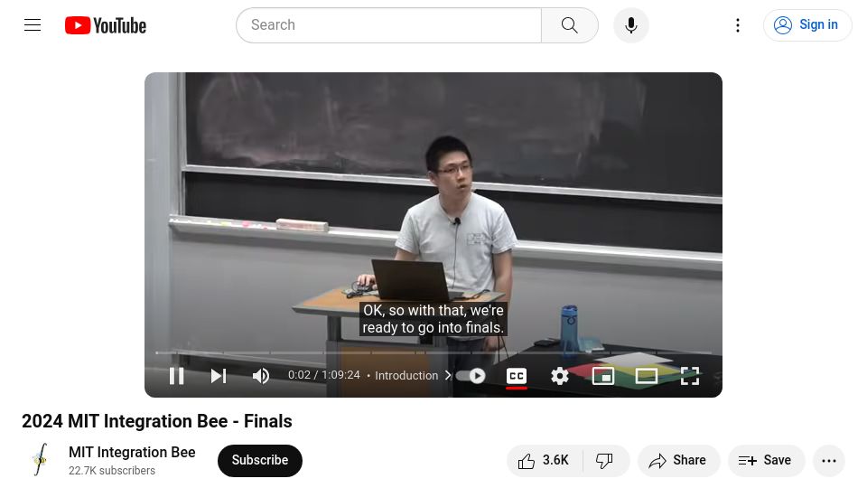 Screenshot of youtube.com: 2024 MIT Integration Bee – Finals [video]