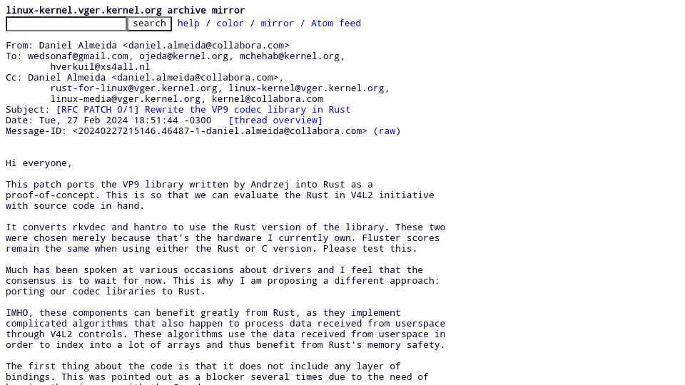 Screenshot of lore.kernel.org: Rewrite the VP9 codec library in Rust