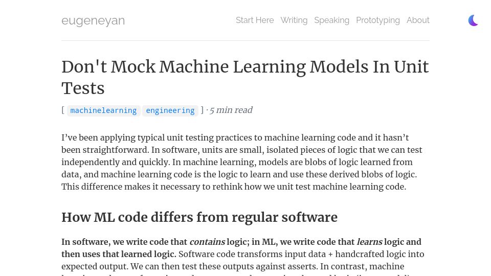 Screenshot of eugeneyan.com: Don't mock machine learning models in unit tests