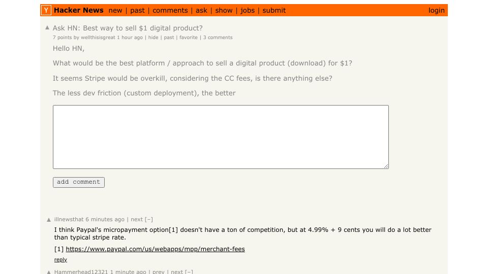 Screenshot of Hacker News post: Ask HN: Best way to sell $1 digital product?