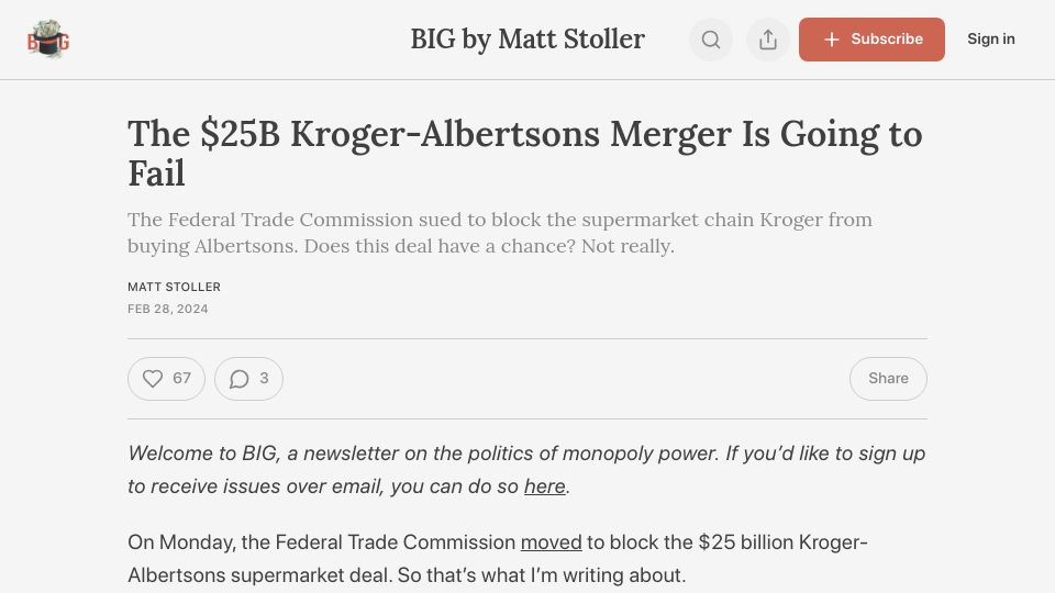 Screenshot of thebignewsletter.com: The $25B Kroger-Albertsons Merger Is Going to Fail