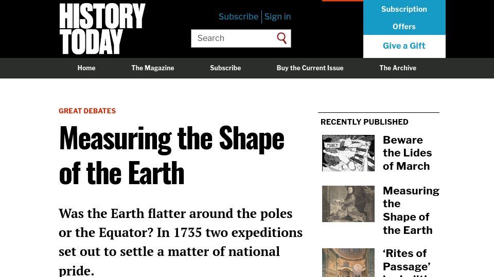 Screenshot of historytoday.com: Measuring the Shape of the Earth