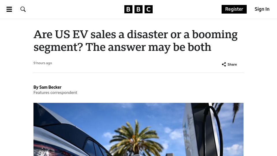 Screenshot of bbc.com: Are US EV sales a disaster or a booming segment? The answer may be both
