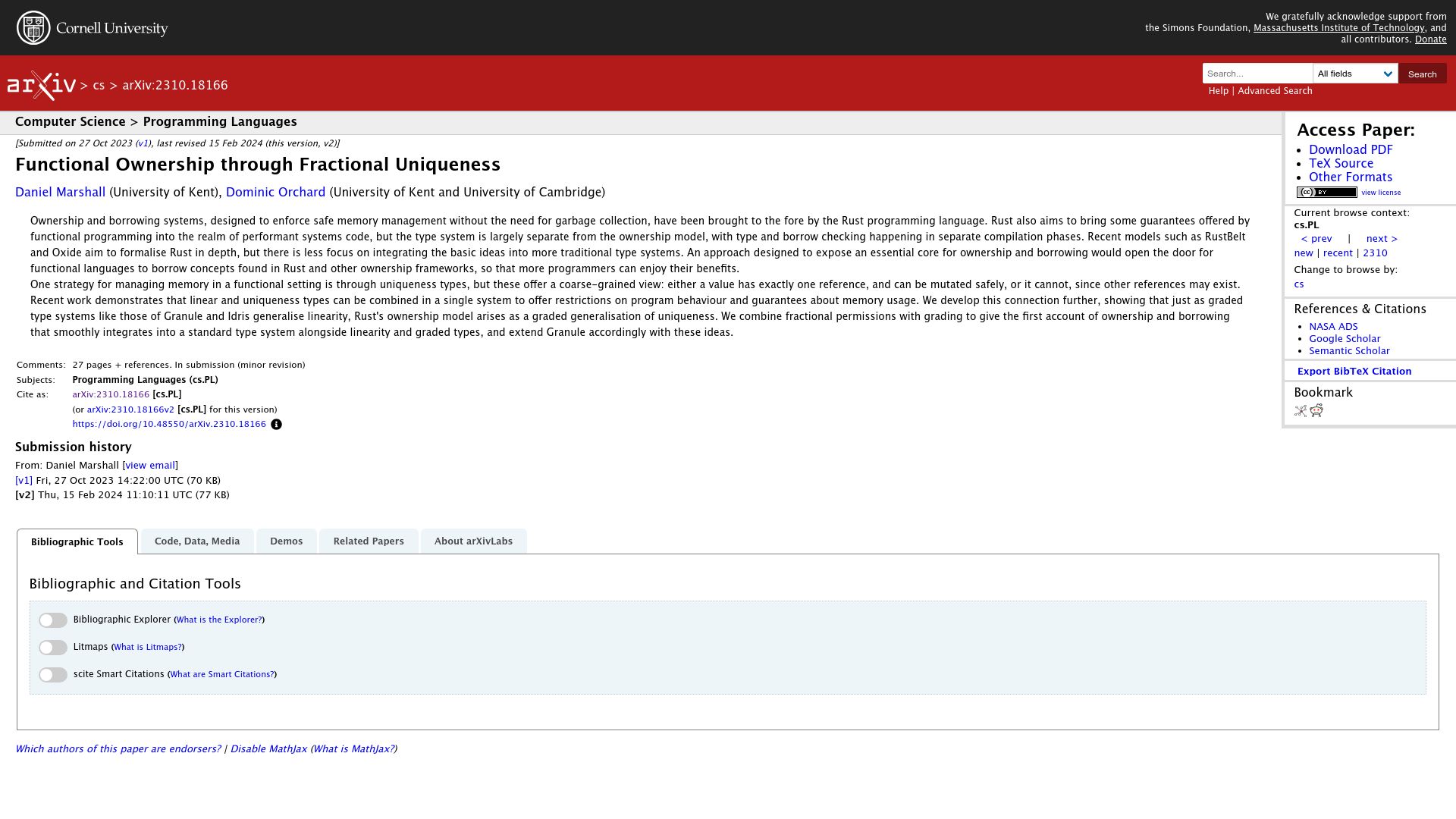 Screenshot of arxiv.org: Functional ownership through fractional uniqueness