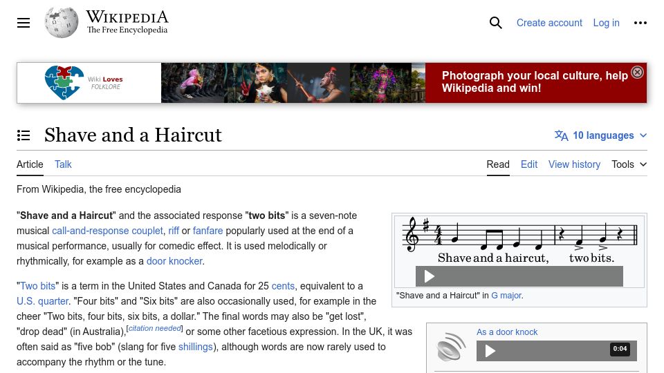 Screenshot of en.wikipedia.org: Shave and a Haircut