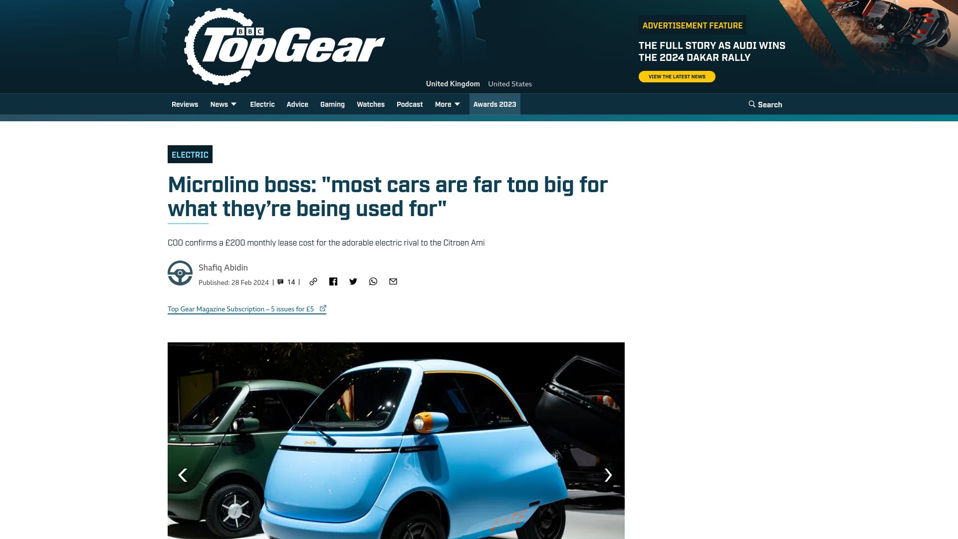 Screenshot of topgear.com: Microlino boss: Most cars are far too big for what they're being used for