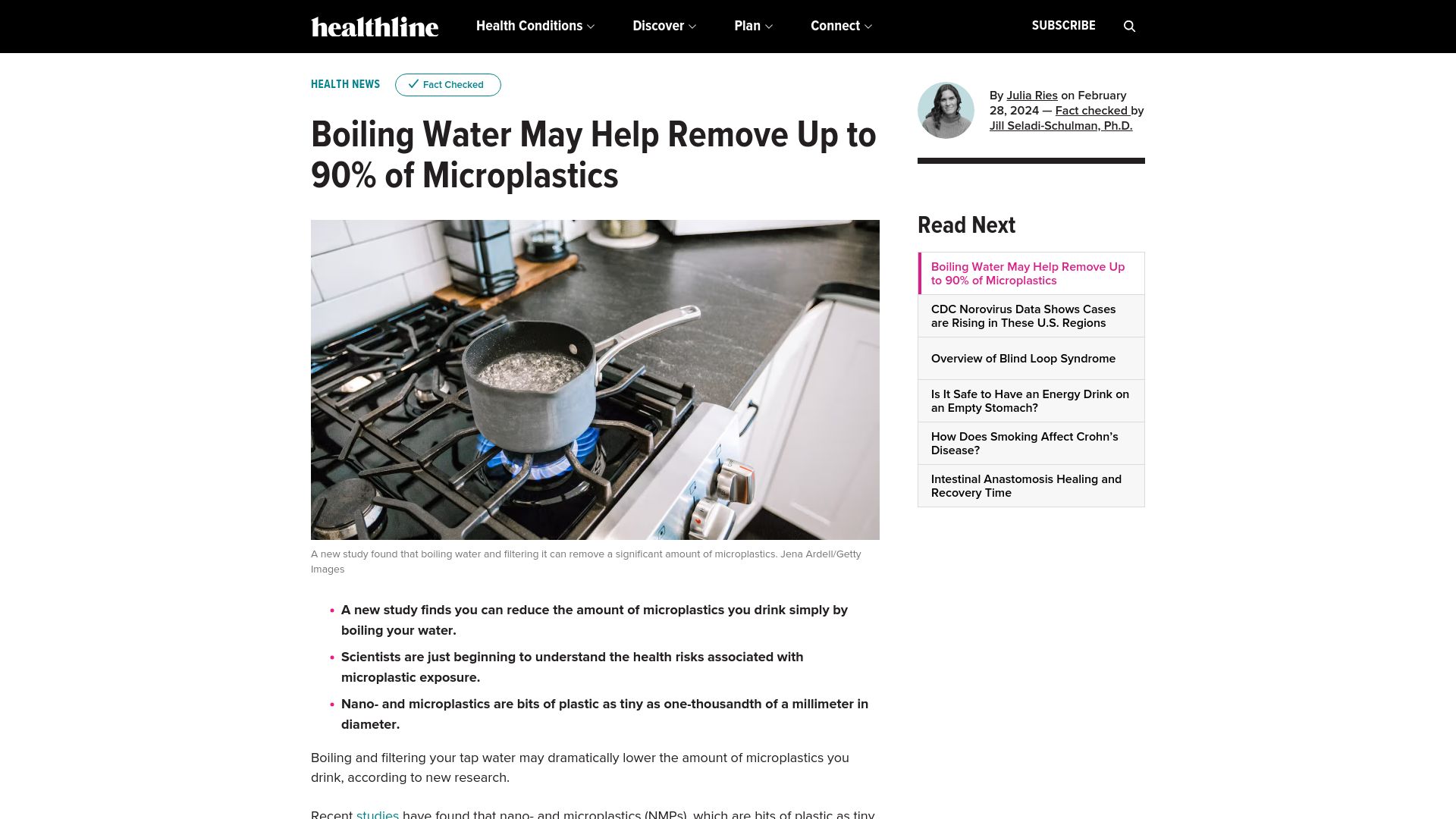Screenshot of healthline.com: Boiling Water May Help Remove Up to 90% of Microplastics