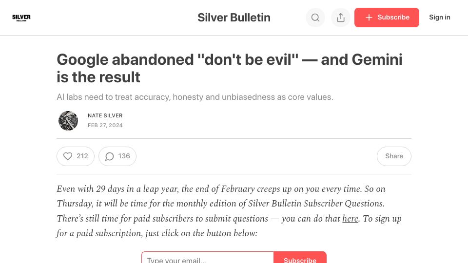 Screenshot of natesilver.net: Google abandoned "don't be evil" – and Gemini is the result