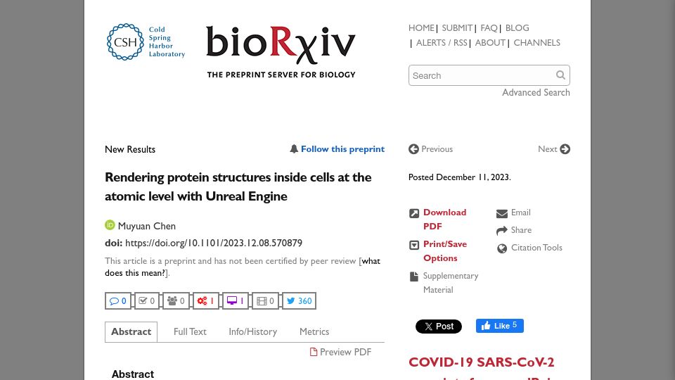 Screenshot of biorxiv.org: Rendering protein structures inside cells at the atomic level with Unreal Engine