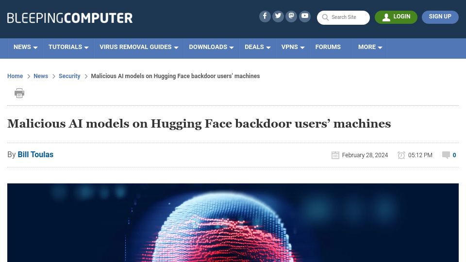 Screenshot of bleepingcomputer.com: Malicious AI models on Hugging Face backdoor users' machines