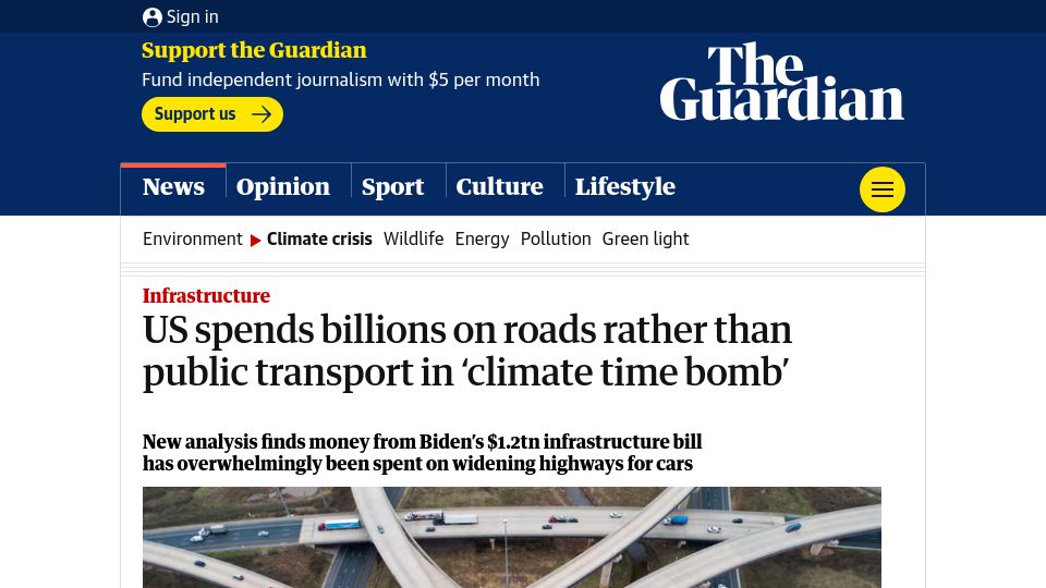 Screenshot of theguardian.com: US spends billions on roads rather than public transport in 'climate time bomb'
