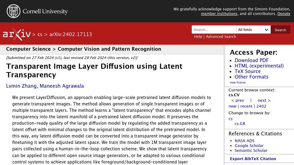 Screenshot of arxiv.org: Transparent Image Layer Diffusion Using Latent Transparency