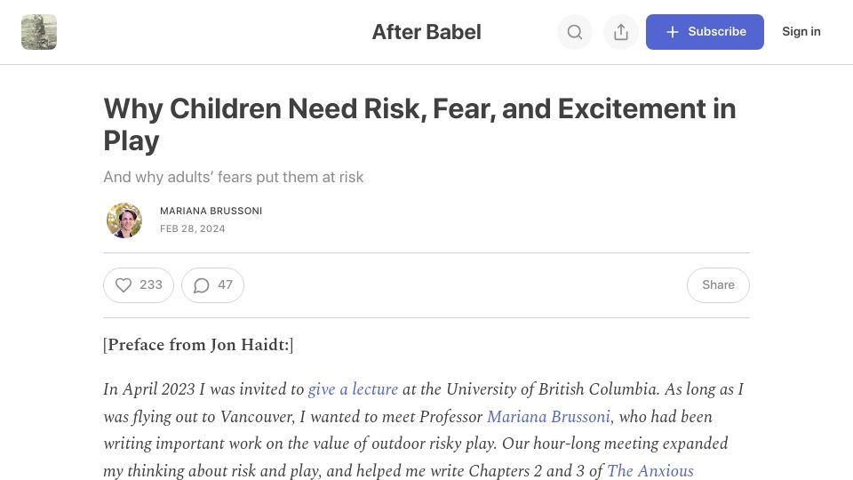 Screenshot of afterbabel.com: Children need risk, fear, and excitement in play