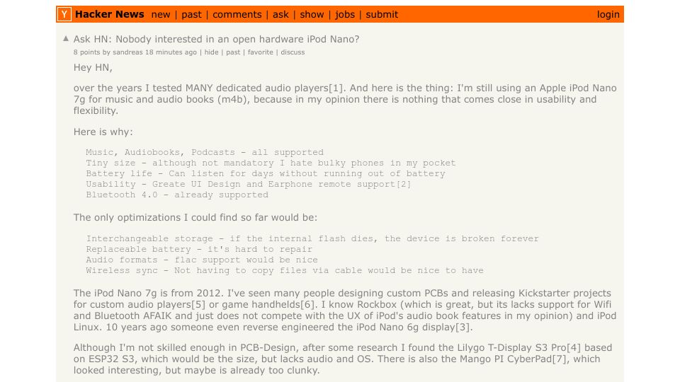 Screenshot of Hacker News post: Ask HN: Nobody interested in an open hardware iPod Nano?