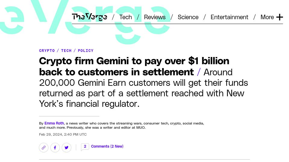 Screenshot of theverge.com: Crypto firm Gemini to pay over $1B back to customers in settlement