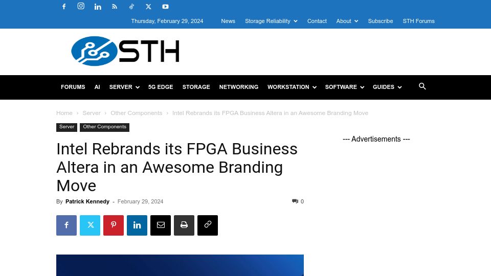 Screenshot of servethehome.com: Intel Rebrands Its FPGA Business Altera in an Awesome Branding Move