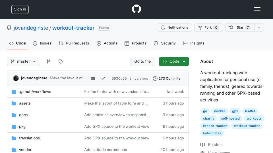 Screenshot of github.com: Show HN: Workout Tracker – self-hosted, single binary web application