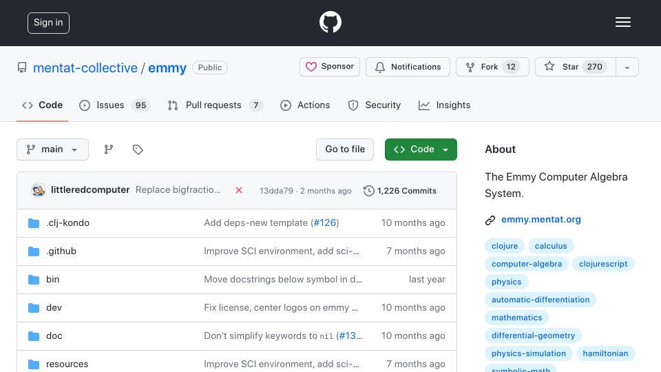 Screenshot of github.com: The Emmy Computer Algebra System